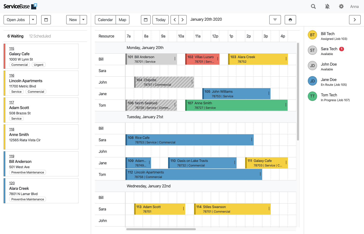Screenshot of ServiceBase dispatching software