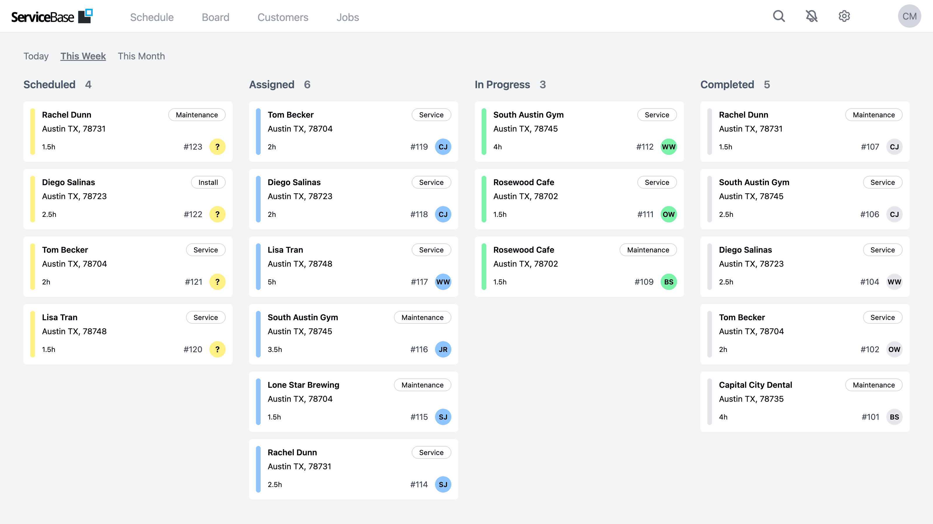 ServiceBase board view — service jobs sorted into Scheduled, Assigned, In Progress, and Completed columns, each card showing the customer, location, job type, duration, and assigned technician