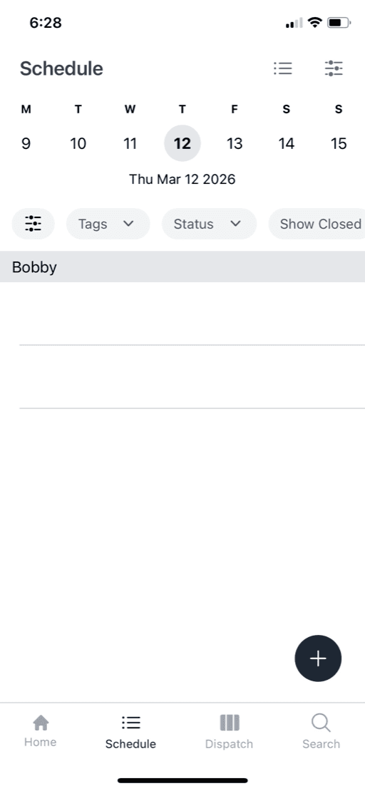 ServiceBase mobile app showing a technician's weekly schedule for the week of March 9
